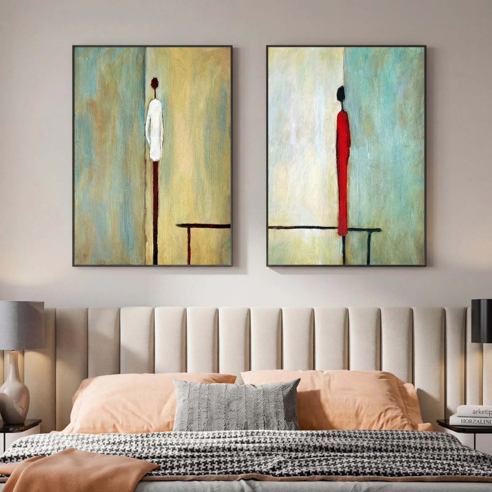 Confrontation — framed abstract oil painting hung in a bright modern living room