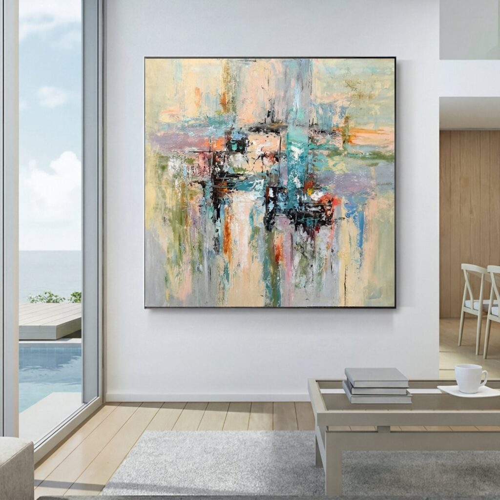 Utopia hand-painted abstract oil painting on linen canvas, front view